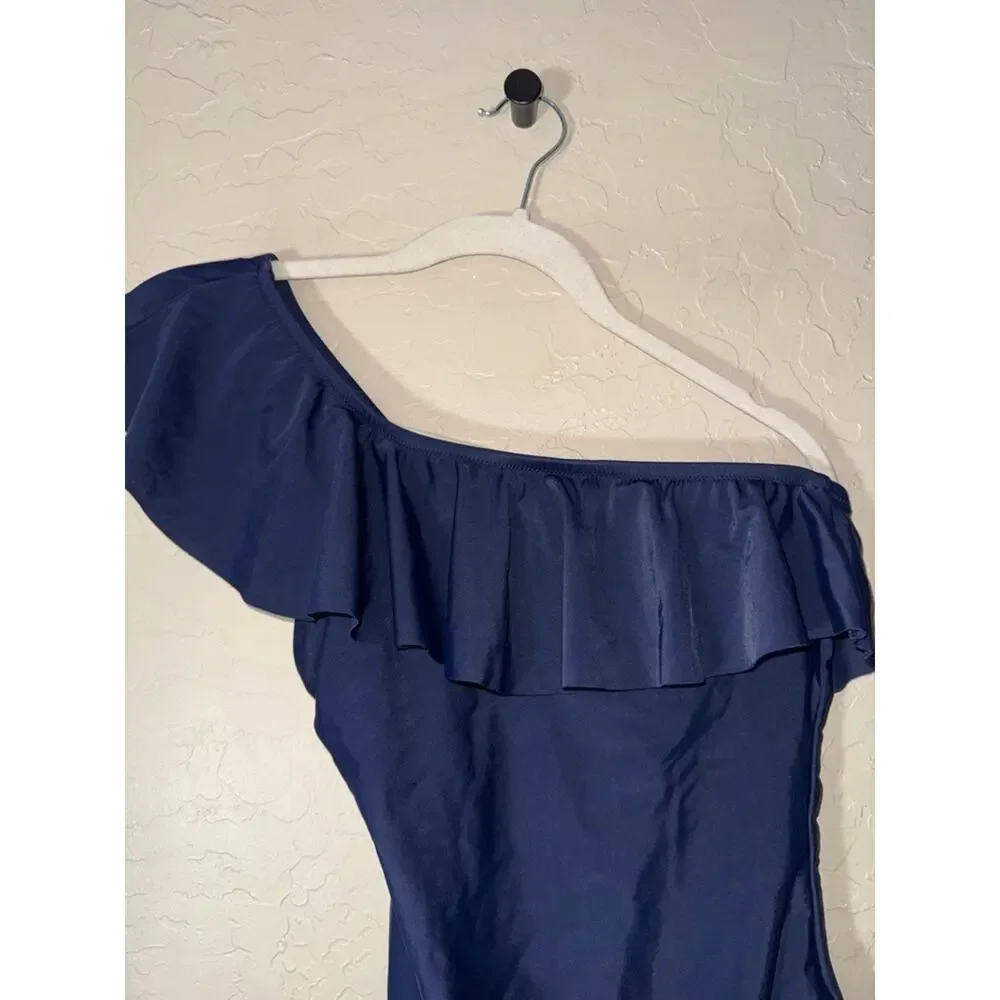 J. Crew one shoulder ruffle navy blue one piece swim size small